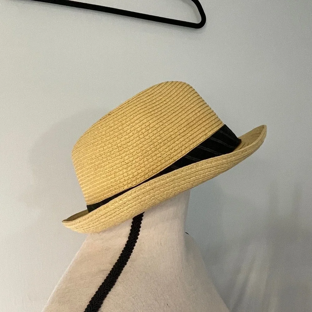 Perry Ellis‎ Portfolio Straw Fedora Hat Mens S/M Black Band Casual